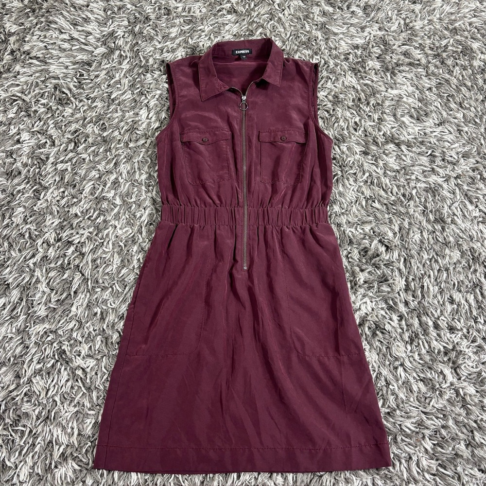 Express Womens Sleeveless Utility Shirt Dress Burgundy Half Zip Modal Small 3591